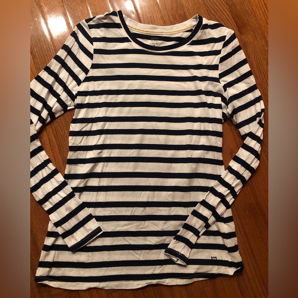 Crown & Ivy Navy and White Striped L/S Shirt, Size Medium